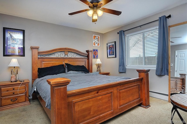 bedroom featuring a baseboard heating unit and ceiling fan