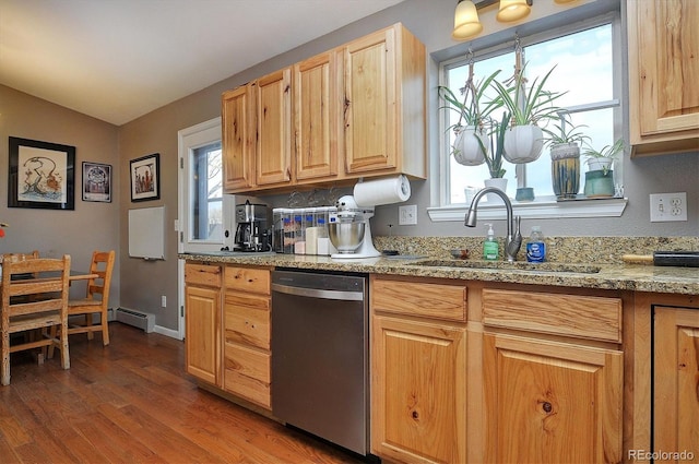 kitchen with dark hardwood / wood-style floors, dishwasher, a baseboard radiator, sink, and light stone countertops