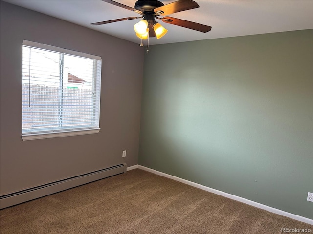 spare room featuring a baseboard heating unit, ceiling fan, and carpet flooring