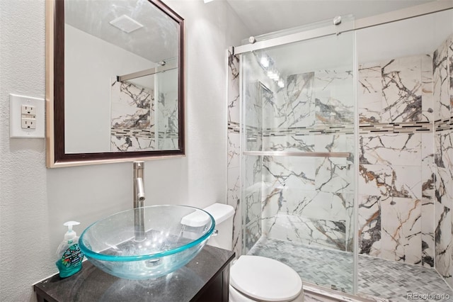 104 Willowick Cir, Highlands Ranch, CO 80129 - bathroom with vanity, a marble finish shower, and a textured wall
