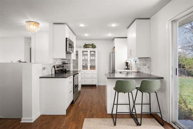 986 S Jersey St, Denver, CO 80224 - kitchen featuring stainless steel appliances, a breakfast bar, a sink, a peninsula, and backsplash