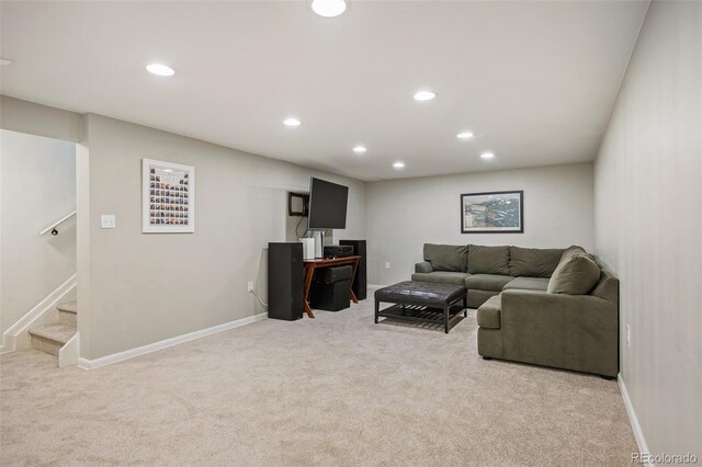 986 S Jersey St, Denver, CO 80224 - living room featuring light carpet, recessed lighting, baseboards, and stairs
