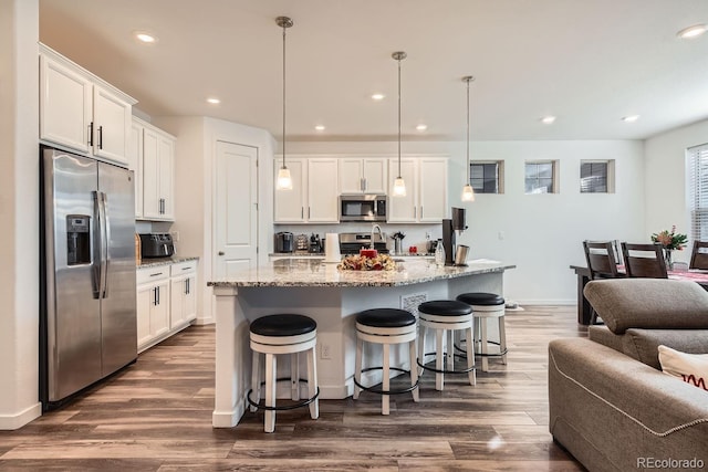 kitchen featuring stainless steel appliances, an island with sink, pendant lighting, and light stone counters