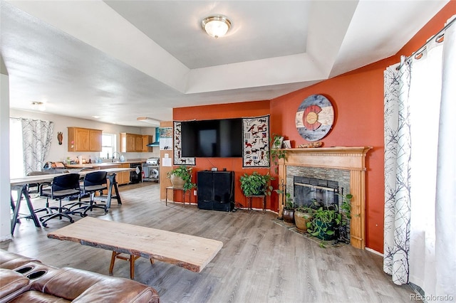 living room featuring sink, light wood-type flooring, a tray ceiling, and a stone fireplace