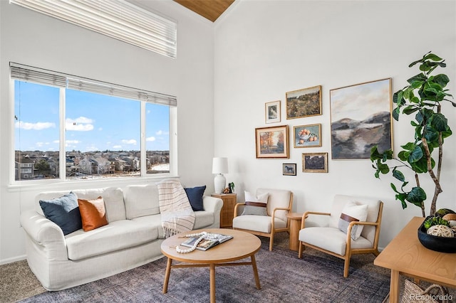 carpeted living room with a high ceiling