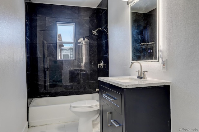 bathroom with toilet, a textured wall, shower / bath combination, and vanity