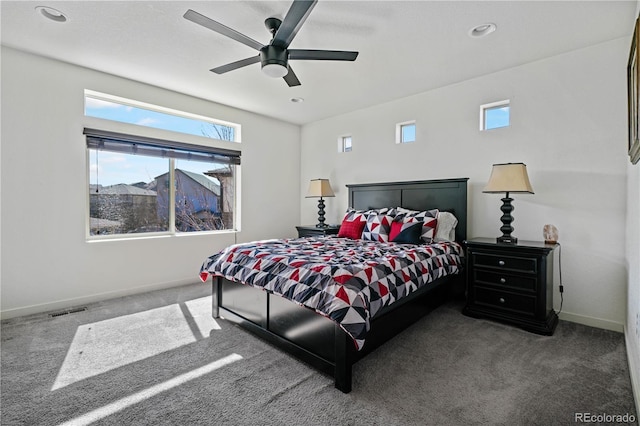 carpeted bedroom with recessed lighting, visible vents, ceiling fan, and baseboards