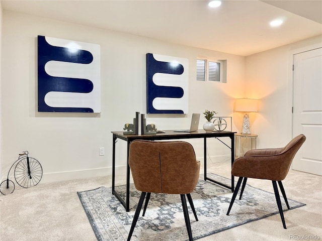 carpeted office with baseboards and recessed lighting