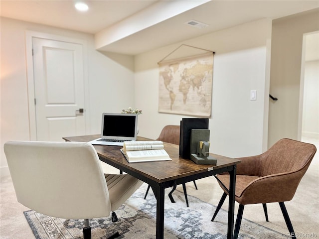 office area with light colored carpet, recessed lighting, and visible vents