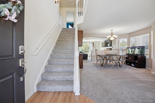 11866 High Desert Rd, Parker, CO 80134 - staircase with a chandelier, baseboards, wood finished floors, and carpet