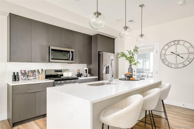 kitchen featuring a center island with sink, stainless steel appliances, light countertops, light wood-type flooring, and a sink