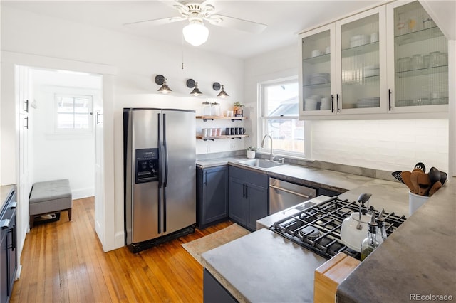 kitchen with ceiling fan, appliances with stainless steel finishes, a sink, light wood finished floors, and glass insert cabinets