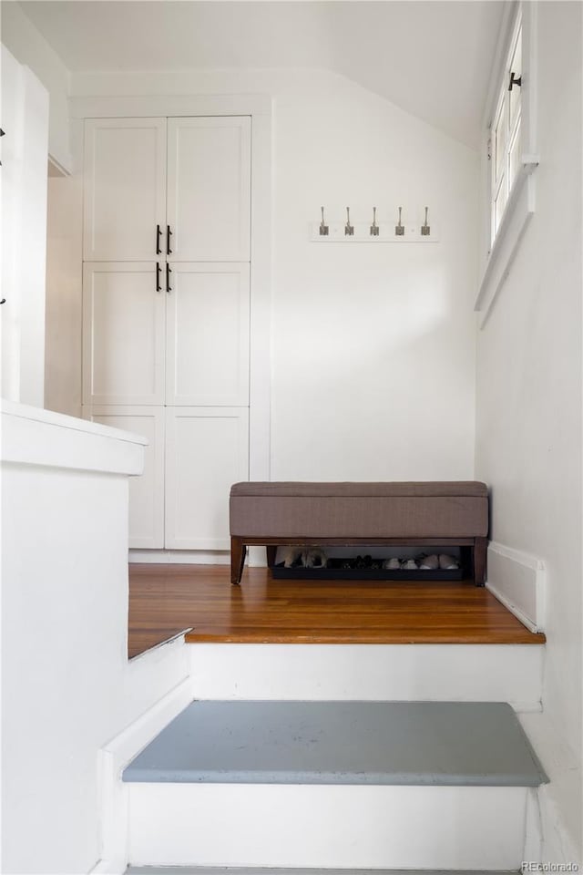 mudroom featuring vaulted ceiling