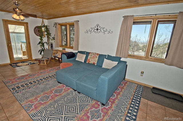 tiled living room with ceiling fan and wooden ceiling