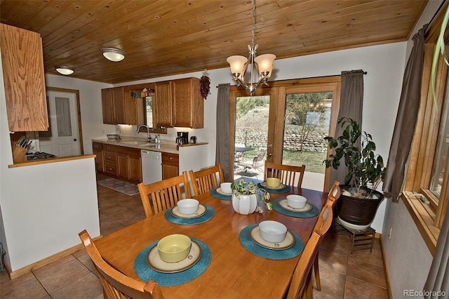 dining area featuring sink, light tile patterned flooring, wood ceiling, and a notable chandelier