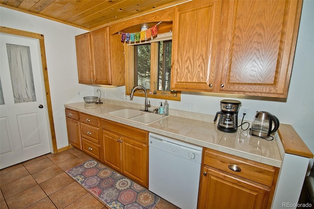 kitchen with dishwasher, wooden ceiling, sink, and light tile patterned floors