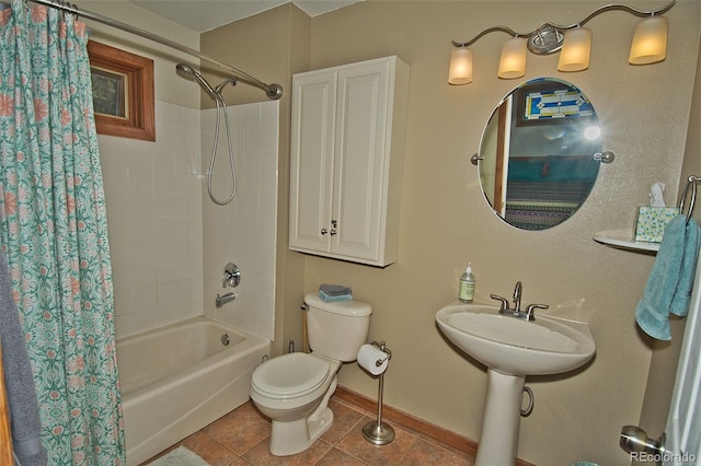 bathroom featuring toilet, shower / bath combination with curtain, and tile patterned floors