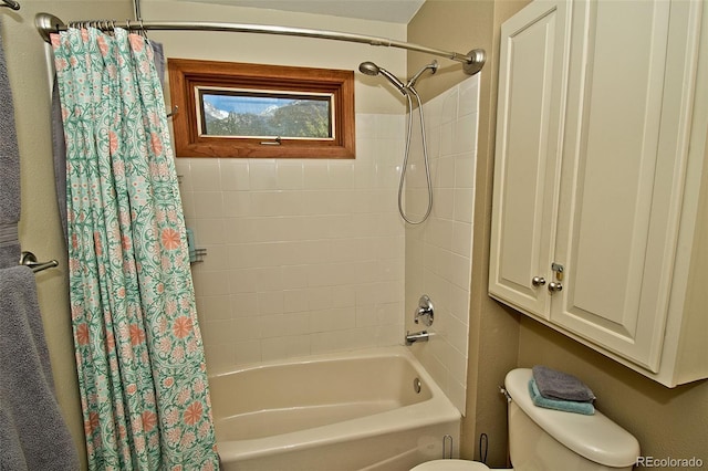 bathroom with toilet and shower / bath combo with shower curtain