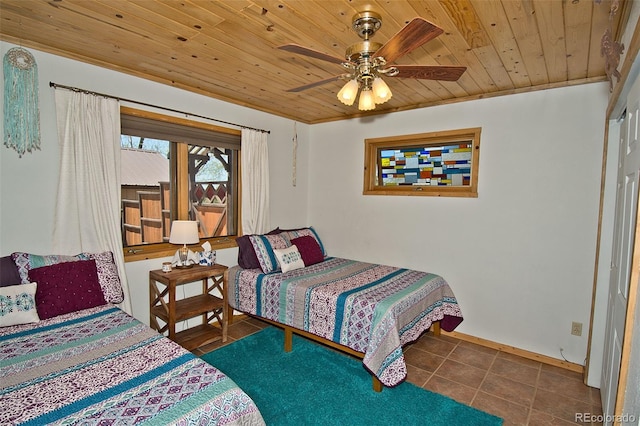 tiled bedroom with ceiling fan and wooden ceiling