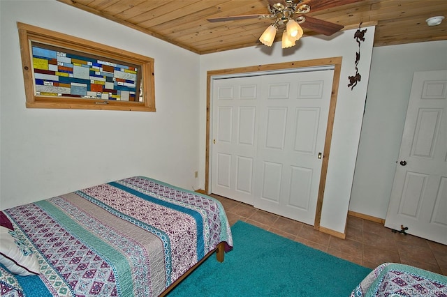 bedroom featuring tile patterned flooring, ceiling fan, wood ceiling, and a closet