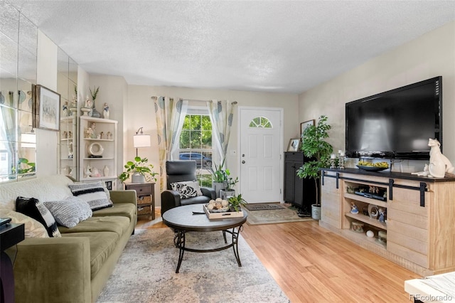 living room featuring light hardwood / wood-style floors and a textured ceiling