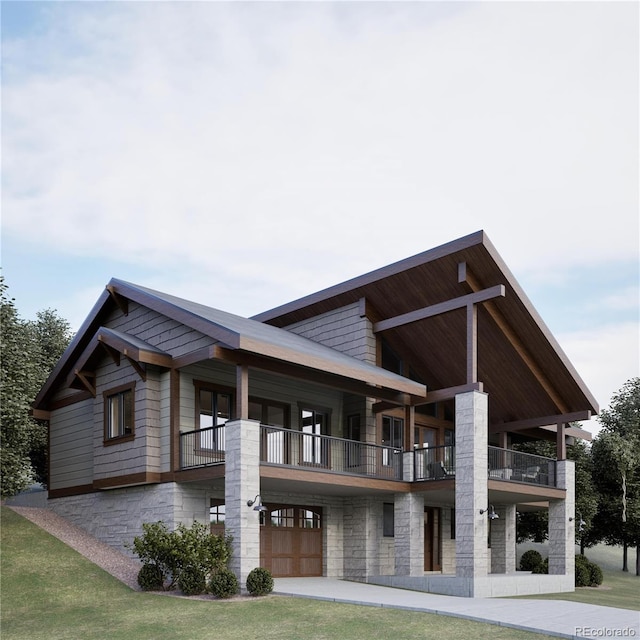 exterior space with a yard, a balcony, and a garage