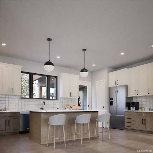 kitchen featuring appliances with stainless steel finishes, a center island, pendant lighting, decorative backsplash, and white cabinets