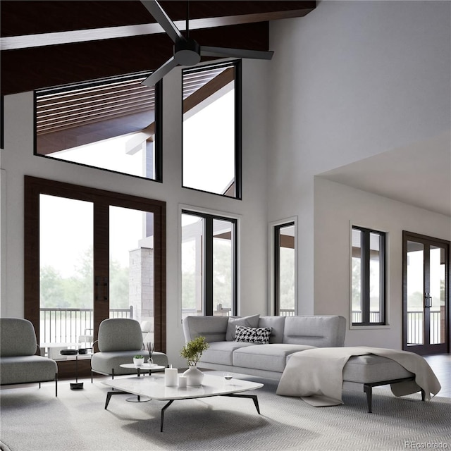 living room featuring ceiling fan and french doors