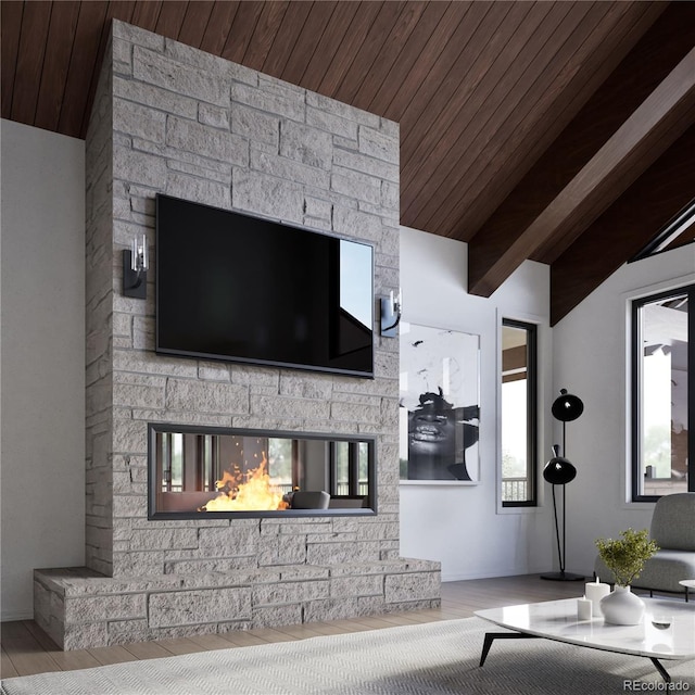 living room with light hardwood / wood-style floors, vaulted ceiling with beams, wood ceiling, and a stone fireplace