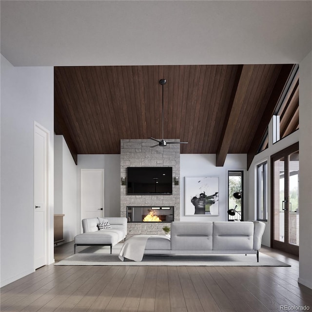 living room with lofted ceiling with beams, french doors, wood ceiling, wood-type flooring, and a stone fireplace