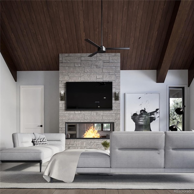 living room featuring a fireplace, ceiling fan, wooden ceiling, and vaulted ceiling with beams