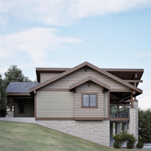 view of property exterior with a lawn and a balcony