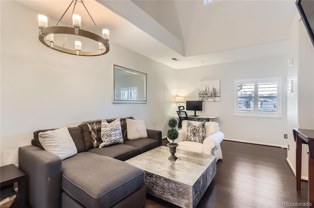 living room with a notable chandelier, visible vents, baseboards, and dark wood-style flooring