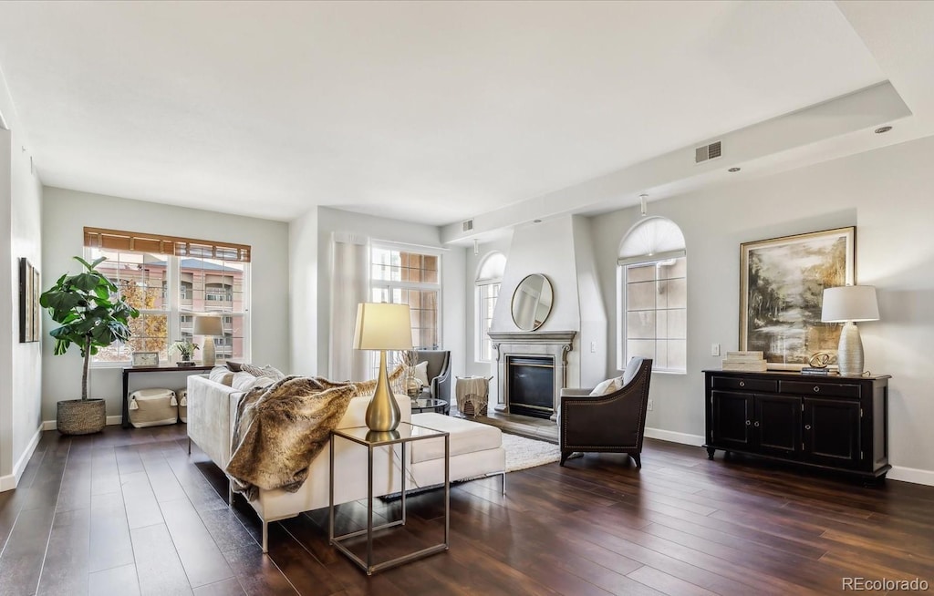 living room featuring dark hardwood / wood-style floors and a fireplace