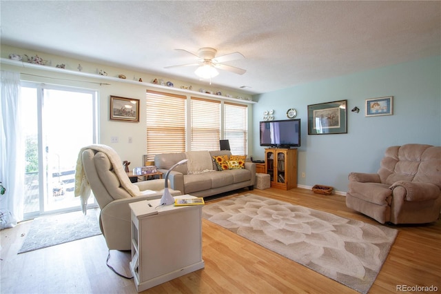 2296 E 109th Dr, Northglenn, CO 80233 - living area with plenty of natural light, a ceiling fan, light wood-style flooring, baseboards, and a textured ceiling