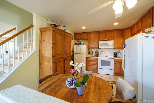 2296 E 109th Dr, Northglenn, CO 80233 - kitchen featuring white appliances, recessed lighting, ceiling fan, light countertops, and brown cabinetry