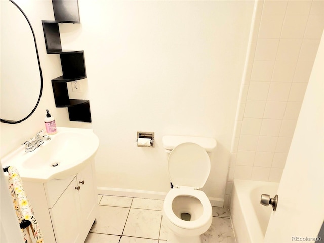 full bathroom featuring tile patterned flooring, tiled shower / bath, vanity, and toilet