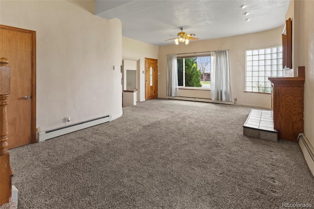 1400 S Knox Ct, Denver, CO 80219 - unfurnished living room with a baseboard radiator, carpet, and a ceiling fan