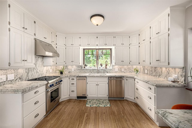1795 N Monaco St Parkway, Denver, CO 80224 - kitchen with stainless steel appliances, under cabinet range hood, light wood finished floors, and white cabinets