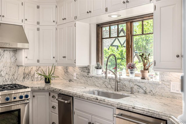 1795 N Monaco St Parkway, Denver, CO 80224 - kitchen with appliances with stainless steel finishes, ventilation hood, a sink, white cabinetry, and decorative backsplash