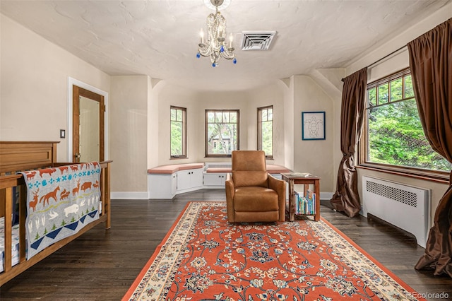 1795 N Monaco St Parkway, Denver, CO 80224 - bedroom featuring radiator, multiple windows, a chandelier, and dark wood finished floors