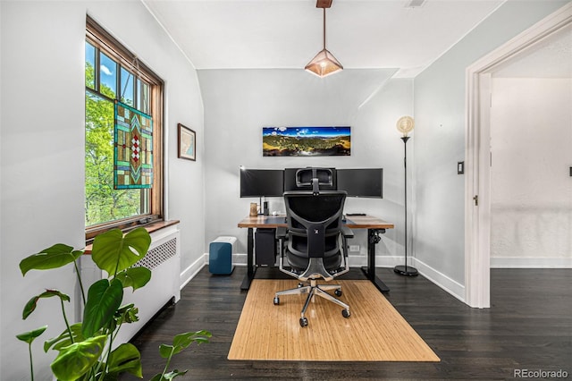 1795 N Monaco St Parkway, Denver, CO 80224 - office area featuring baseboards, radiator heating unit, and wood finished floors