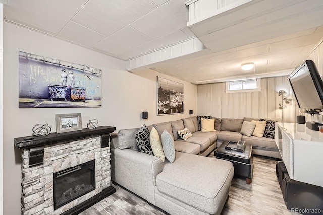 424 S Leyden St, Denver, CO 80224 - living room with wood finished floors and a stone fireplace