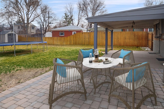 424 S Leyden St, Denver, CO 80224 - view of patio / terrace with a storage shed, a trampoline, and an outdoor structure