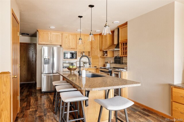 1157 Belleview Dr, Fort Collins, CO 80526 - kitchen with stainless steel fridge with ice dispenser, a sink, built in microwave, light brown cabinetry, and dark wood-type flooring
