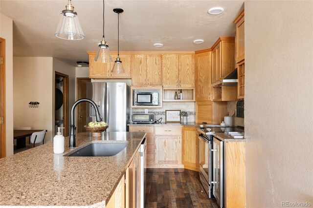 1157 Belleview Dr, Fort Collins, CO 80526 - kitchen featuring appliances with stainless steel finishes, a sink, decorative backsplash, dark wood-type flooring, and light brown cabinetry