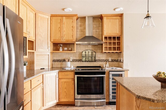 1157 Belleview Dr, Fort Collins, CO 80526 - kitchen featuring stainless steel appliances, wall chimney range hood, wine cooler, and light brown cabinets