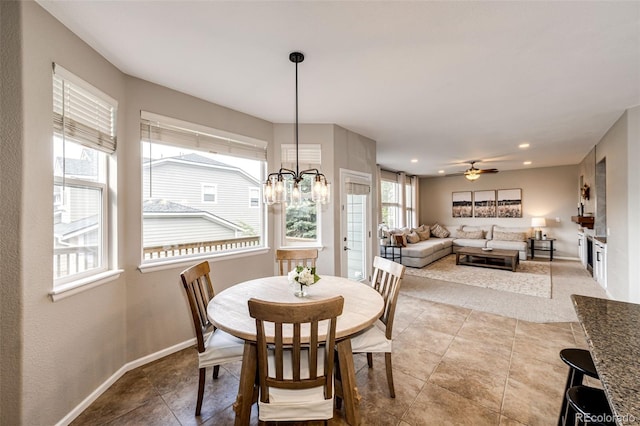 5550 Fox Meadow Ave, Highlands Ranch, CO 80130 - dining area with baseboards, light tile patterned flooring, recessed lighting, and a ceiling fan