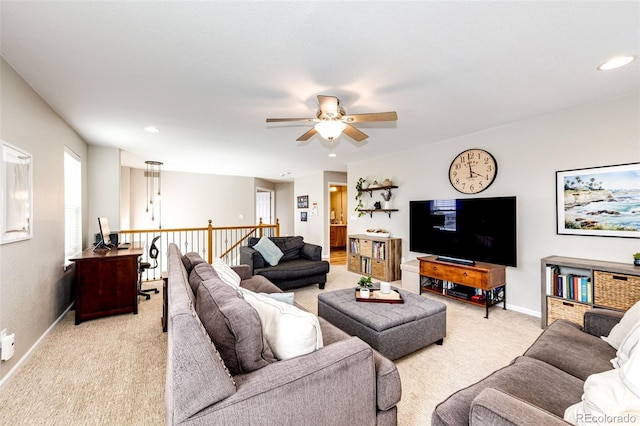 5550 Fox Meadow Ave, Highlands Ranch, CO 80130 - living room featuring light colored carpet, a ceiling fan, baseboards, and recessed lighting