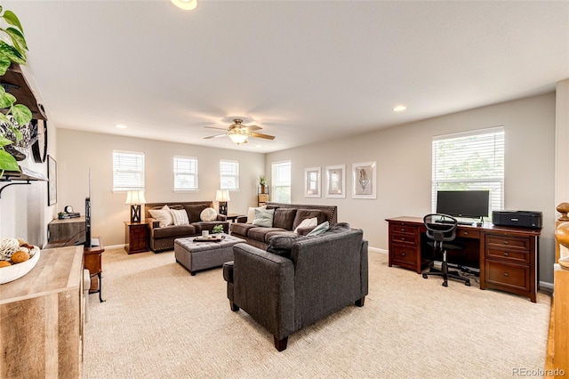 5550 Fox Meadow Ave, Highlands Ranch, CO 80130 - living area featuring light colored carpet, a desk, ceiling fan, recessed lighting, and baseboards